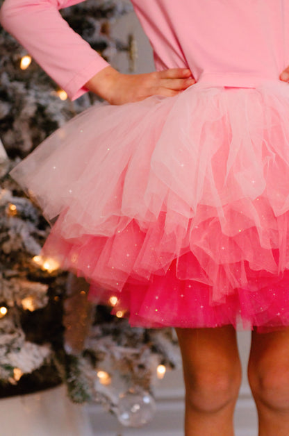 Solid pink tutu 2 piece set long sleeve 6 LAYERS GLITTER TULLE