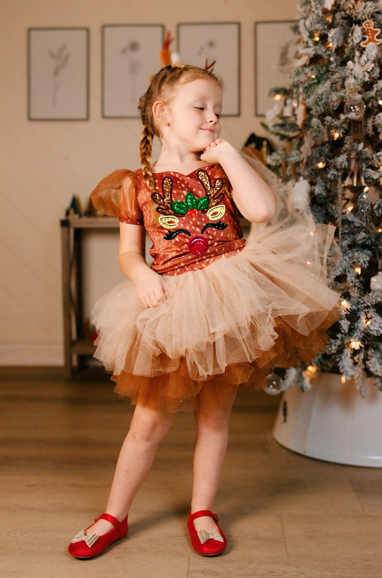 Reindeer on brown two piece tutu set choose your top solid or reindeer print