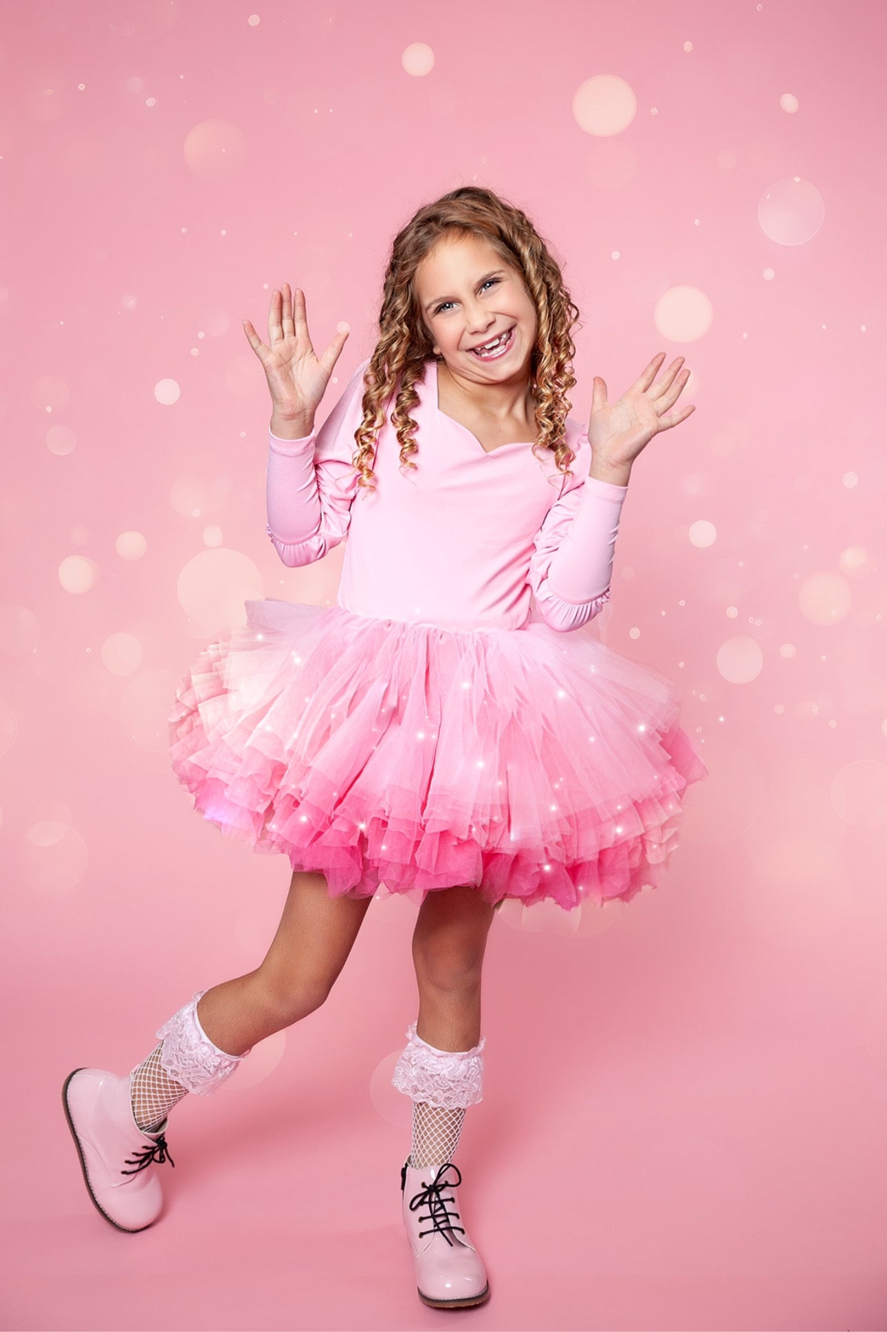 Solid pink tutu 2 piece set long sleeve 6 LAYERS GLITTER TULLE