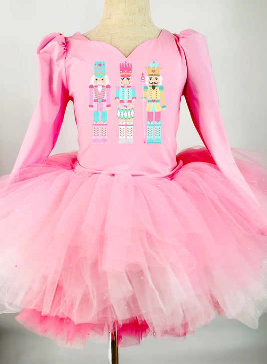 Solid pink tutu 2 piece set long sleeve  with pastel nutcracker image