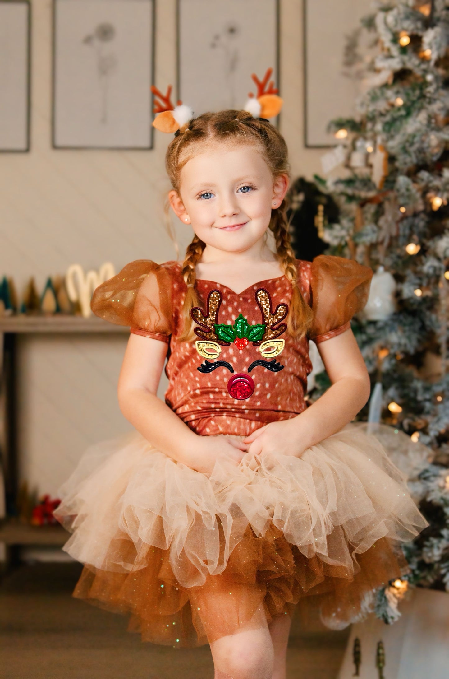 Reindeer on brown two piece tutu set choose your top solid or reindeer print