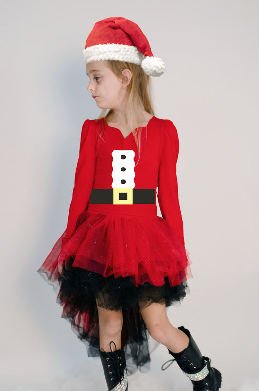 Red and black high low tutu set red Santa belt print