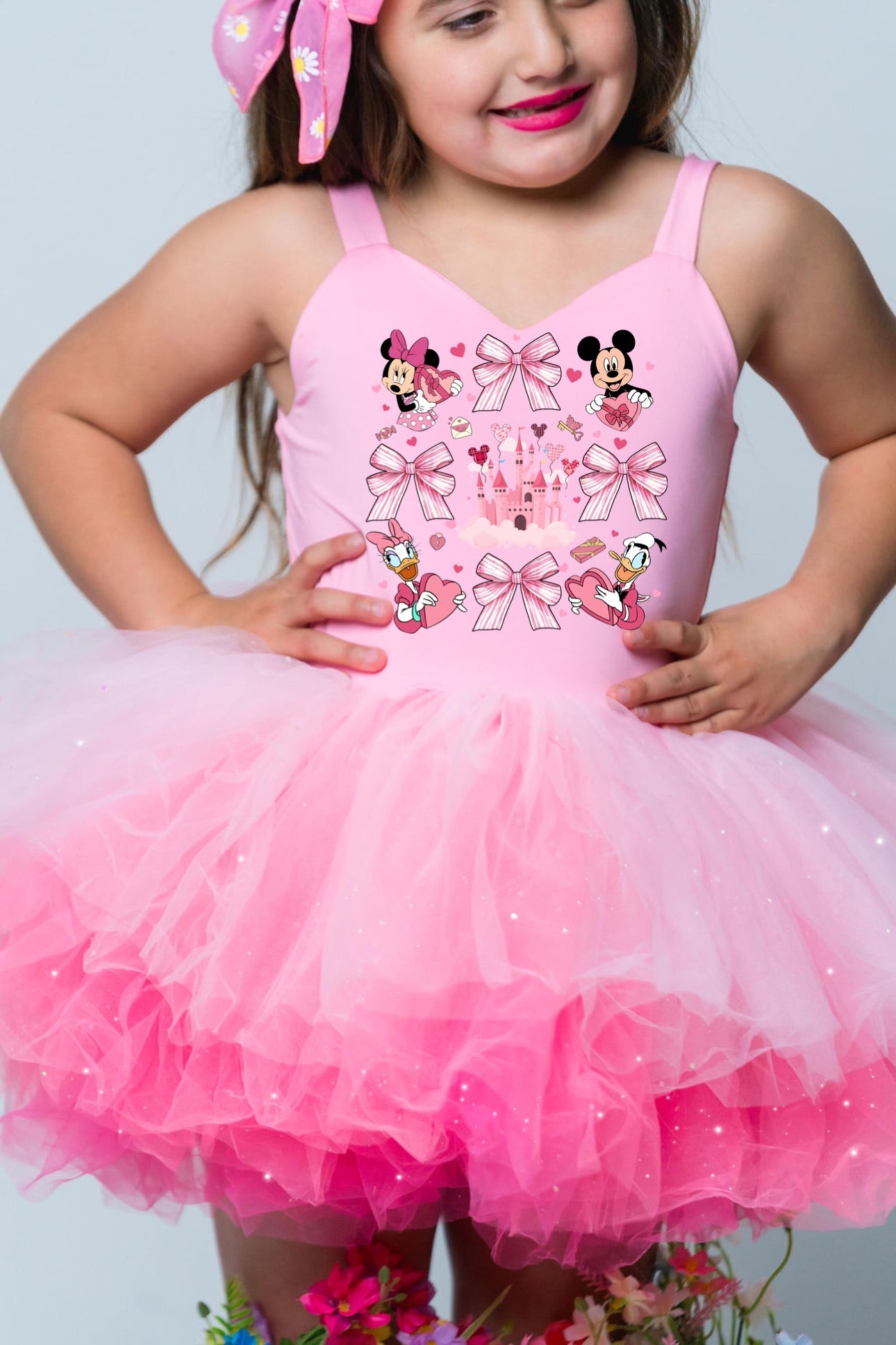 Minnie coquette image on a one piece pink ombré with glitter soft tulle