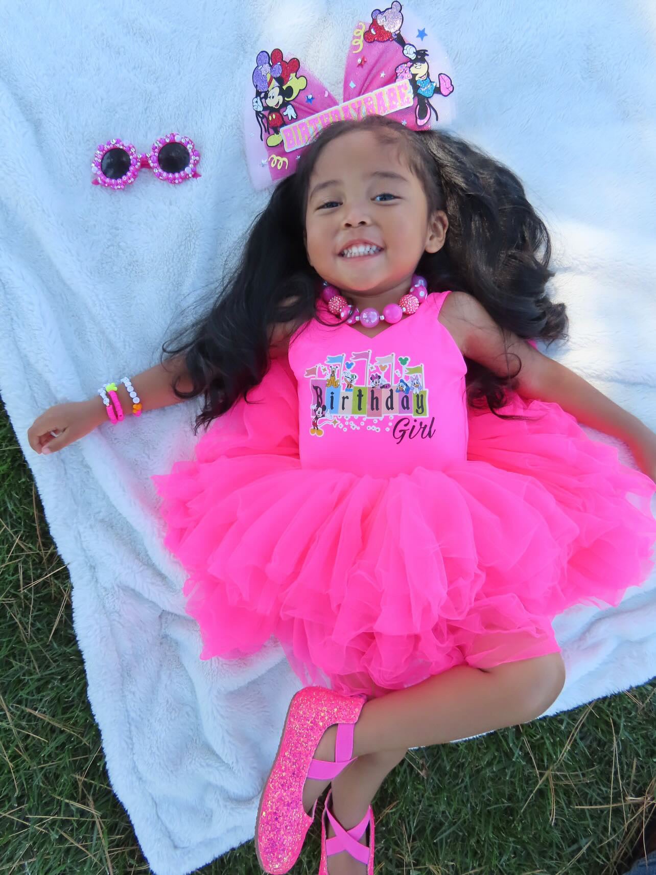 Birthday girl at the Land Neon pink soft tulle tutu leo one piece
