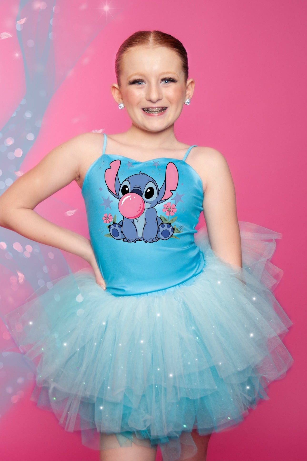 Stitch bubble gum two piece bamboo glitter soft tulle set