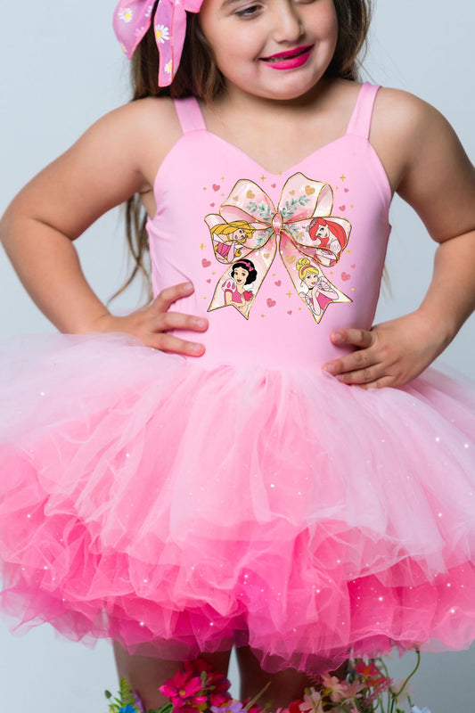 Princess coquette bow image on a one piece pink ombré with glitter soft tulle