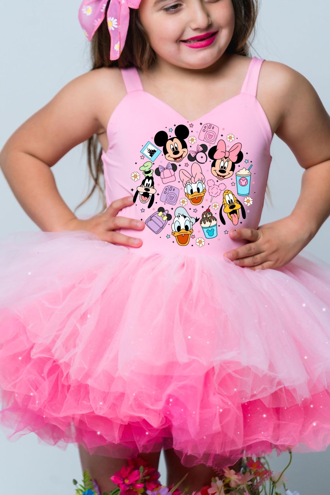 Mouse and friends circle image on a one piece soft rhinestoned tulle