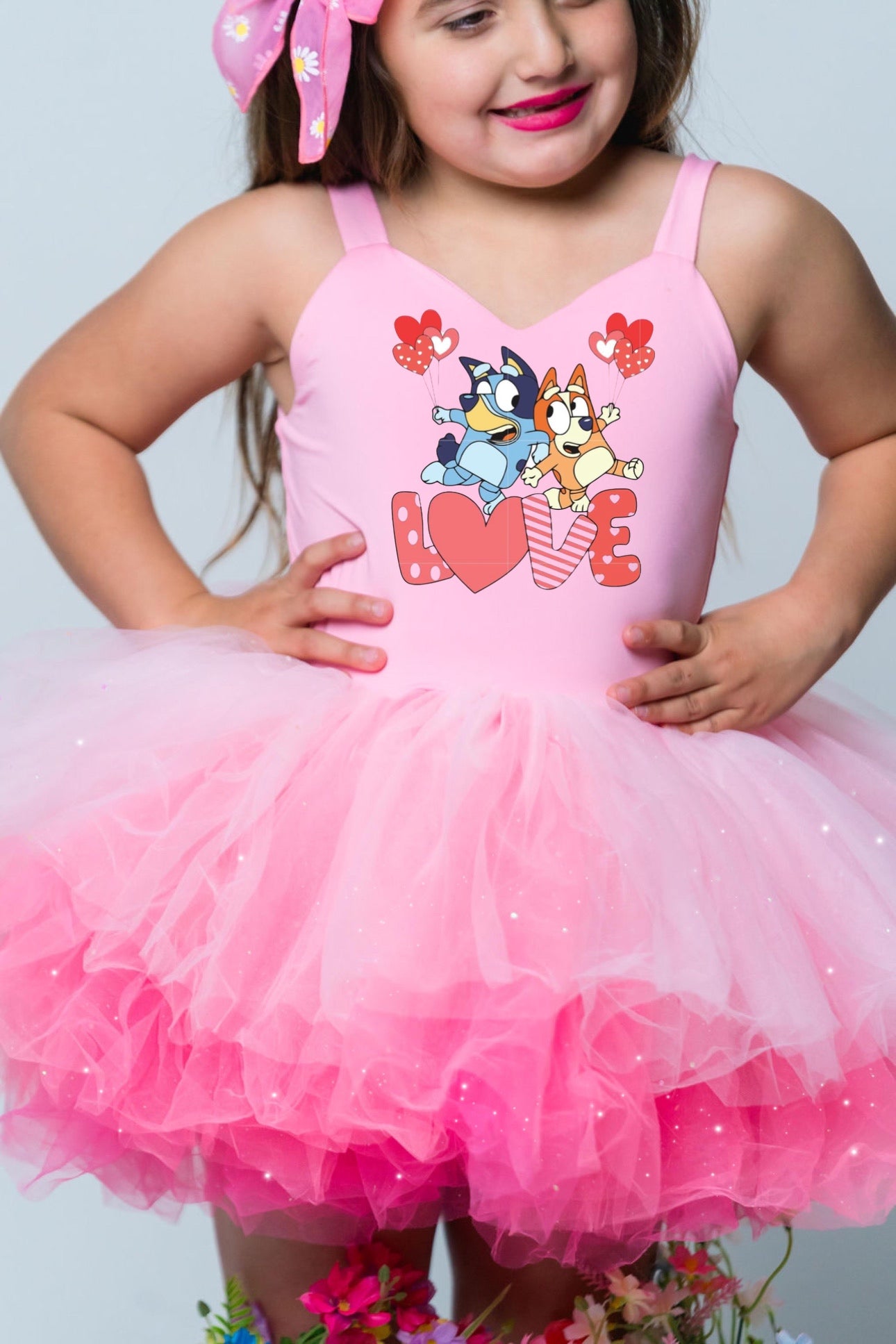 Bluey love image on a one piece pink ombré with glitter soft tulle