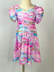 LilacPink Leopard puff sleeve twirl dress