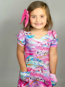 LilacPink Leopard puff sleeve twirl dress